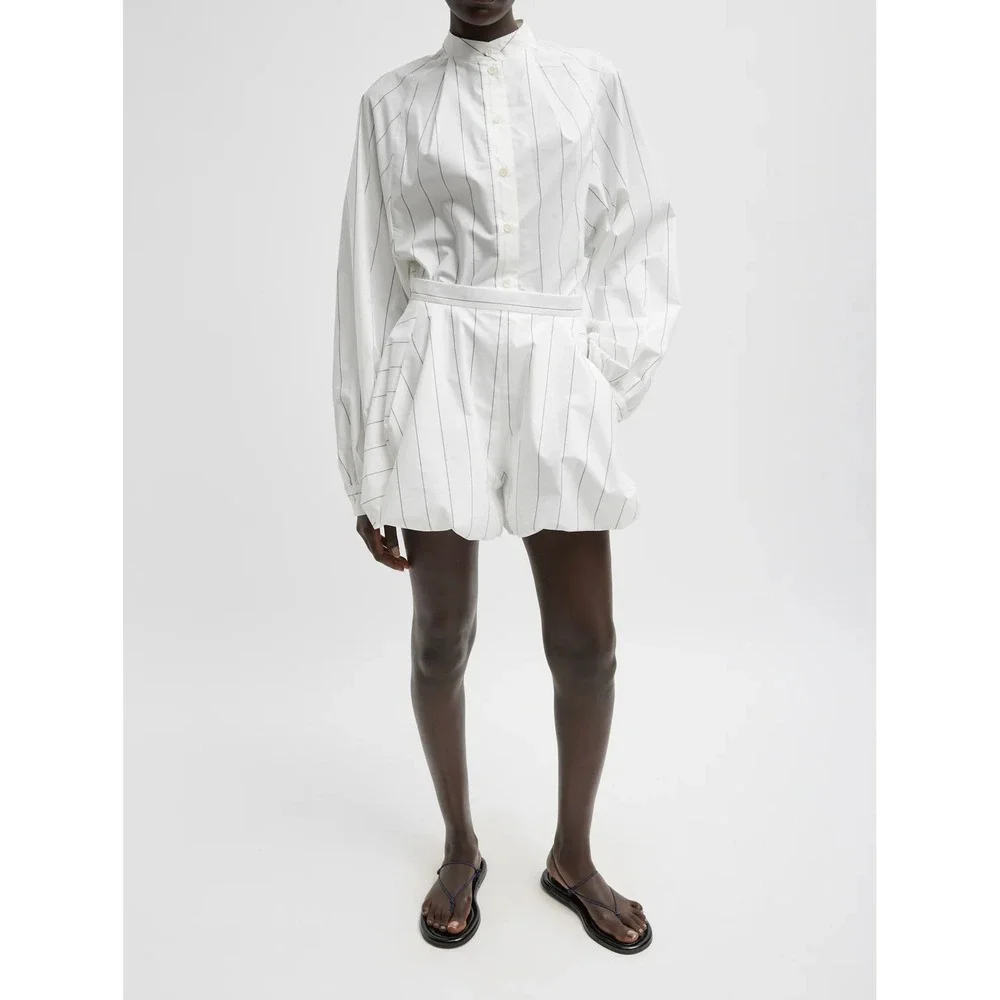 TIBI Striped Tech Poplin Bubble Shorts Womens 6 White Black Quiet Luxury Minimal